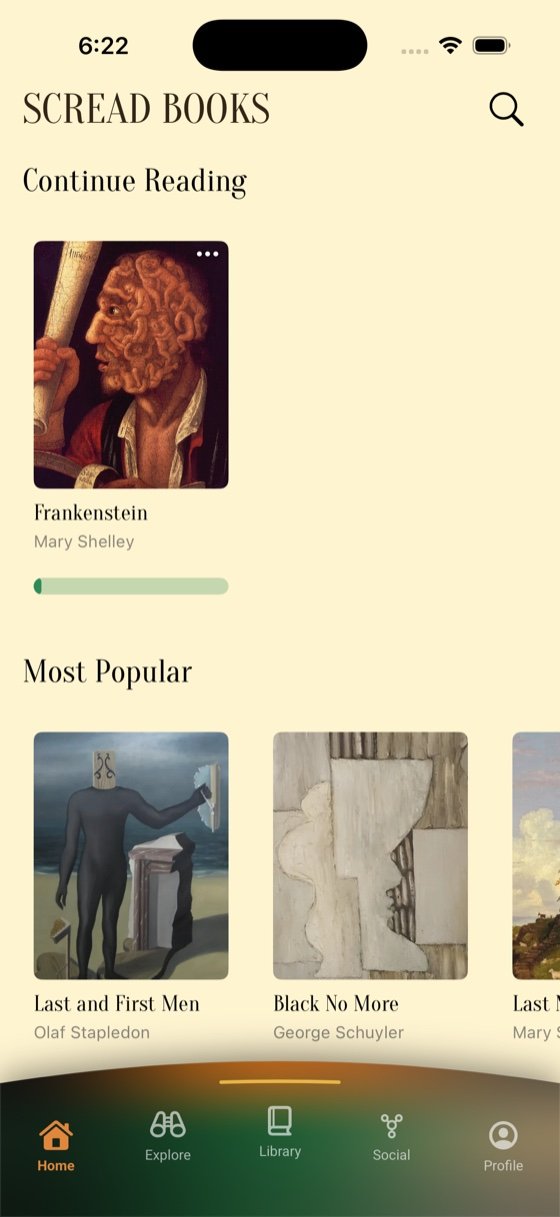 The SCREAD Books home screen, showing Continue Reading with Frankenstein and a Most Popular shelf of cover art.