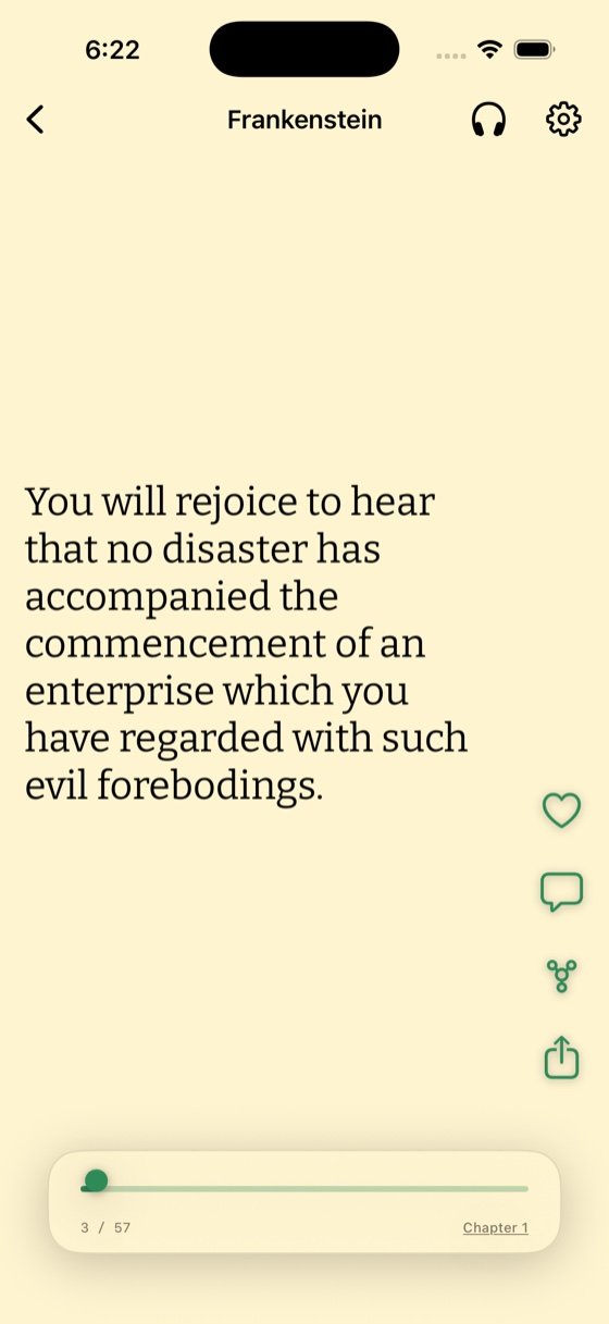 A single sentence from Frankenstein filling the reader, with like, comment, collection and share controls down the right edge.
